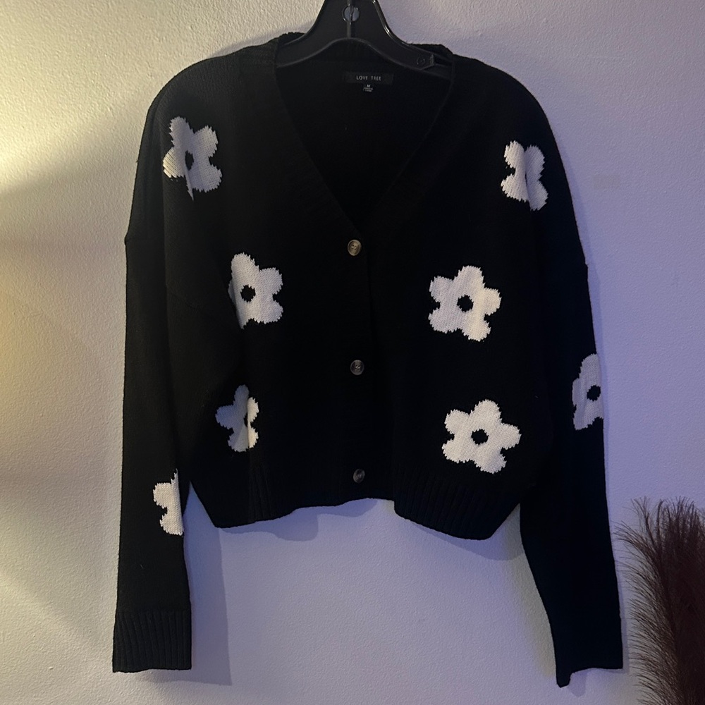 Love Tree Black Sweater with White Floral Design
